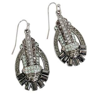 Y2K Art Deco Revival Rhinestone Drop Earrings Silver Tone Baguette Hematite Look